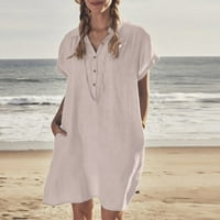 Ženska haljina od pamučne lanene košulje s izrezom u obliku džepa, haljina s džepovima, ležerna haljina za plažu,