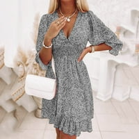 Tking Fashion's Women Summer Elegant Elegant Cvjetna omotana haljina V vrat ruffle ruffle Mini plaža haljina siva