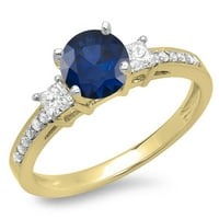 Zaručnički prsten od 14 inča s okruglim plavim safirom i bijelim dijamantom, žuto zlato, Veličina 9