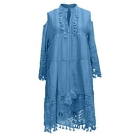 Ženske mini haljine s dugim rukavima, ležerna ljetna cvjetna haljina s izrezom u obliku slova U, plava 3 inča