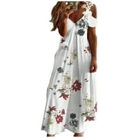 Ljetne haljine za žene s printom, izrez u obliku A kroja, ležerna haljina kratkih rukava do gležnja, Bijela