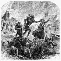 Kolonijalni indijanski masakr. Nan neodređeni indijski napad na američko kolonijalno naselje. Graviranje drva,