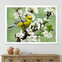 Dizajnerski crtež ptica koja sjedi na grani trešnje, tradicionalni uokvireni umjetnički otisak