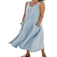 Ženska pamučna lanena ljetna kaftanska Haljina Bez rukava s prevelikim džepovima u veličini u veličini