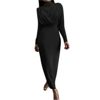 Ženska haljina moda pola visoke ovratnike Čvrsta boja dugi rukav vitka dužina gležnjeva zima crno m