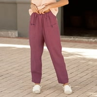 Ženske Radne hlače, modne Ležerne široke pamučne lanene ženske jednobojne hlače s elastičnim elastičnim strukom,