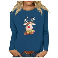 Ženska ležerna majica s dugim rukavima, labavi božićni print, labavi puloveri s okruglim vratom, plavi;