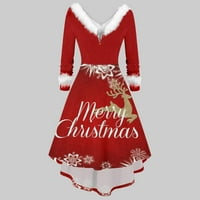 Lepršava haljina s božićnim printom za žene večernje Ležerne haljine dugih rukava opremljena haljina s izrezom