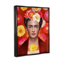 Stupell Industries Bold Frida Kahlo Portret Cvjetni utični uzorci Slikanje Jet Crno plutajuće uokvireno platno
